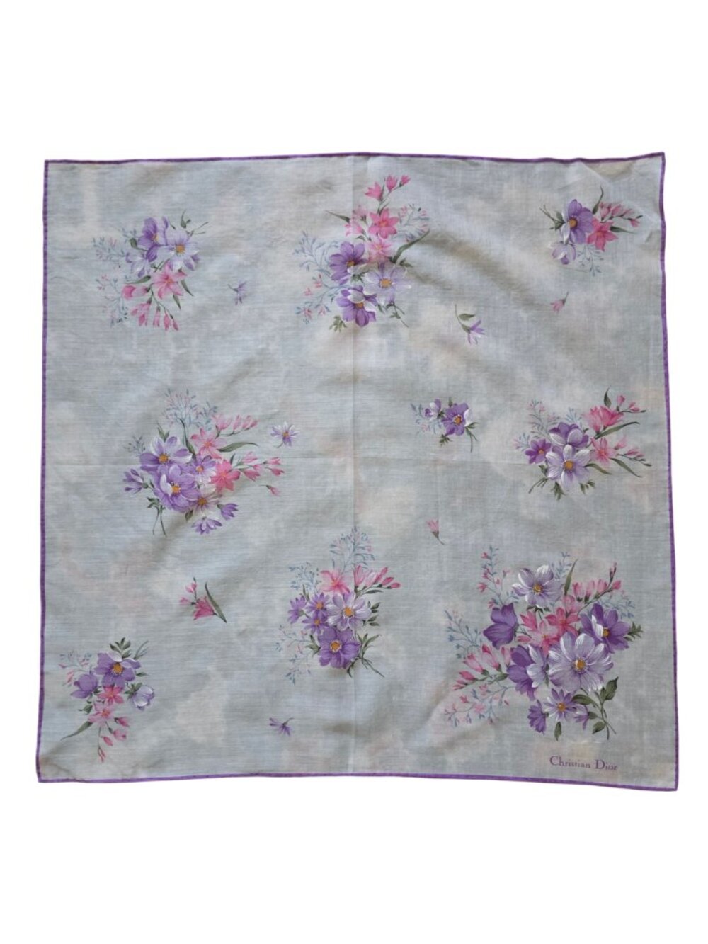 Vintage Christian Dior Floral Cotton Hand-Rolled Scarf 18" x 18"